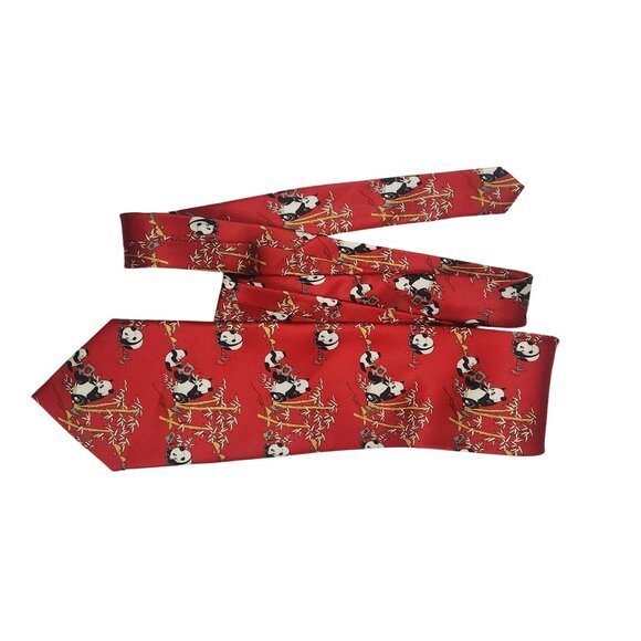 Red Silk Necktie With Panda & Bamboo Print Design Kailong 100% Silk Hand Made - Picture 3 of 5